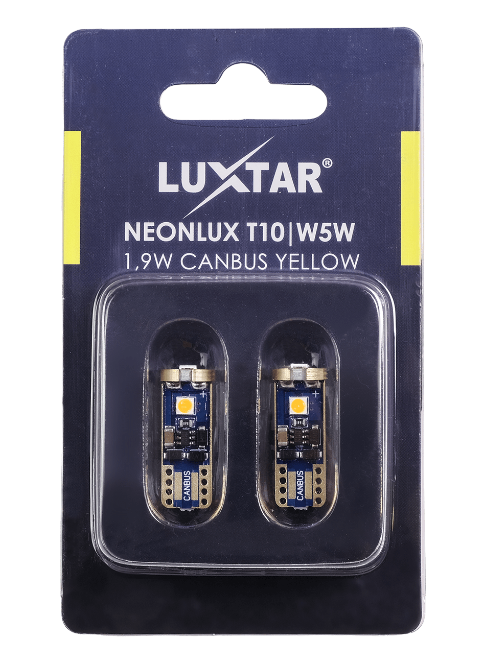 NeonLux – T10 W5W – Canbus – Yellow – 130 lm – 1,9W – LUXTAR – förpackning och innehåll | LUXTAR