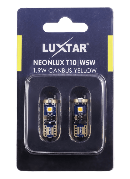 NeonLux – T10 W5W – Canbus – Yellow – 130 lm – 1,9W – LUXTAR – förpackning och innehåll | LUXTAR