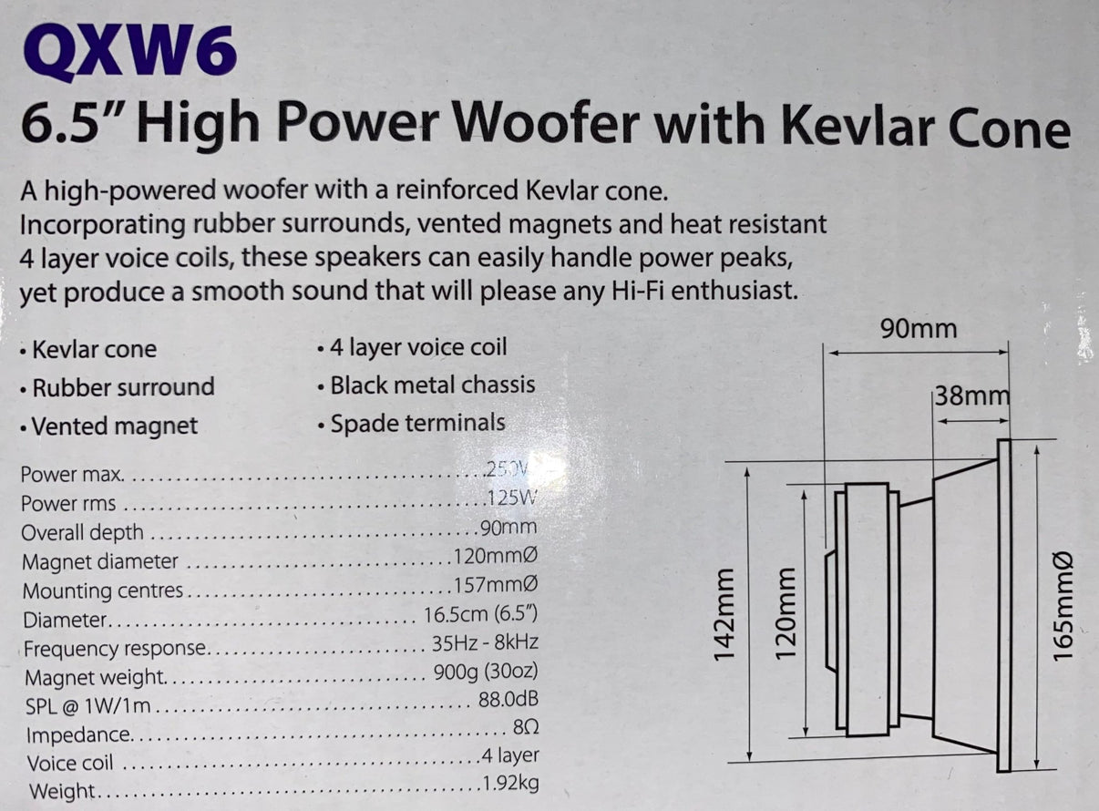 Baselement woofer 6,5 250W ventilerad magnet – QTX – produktvy från sidan | QTX