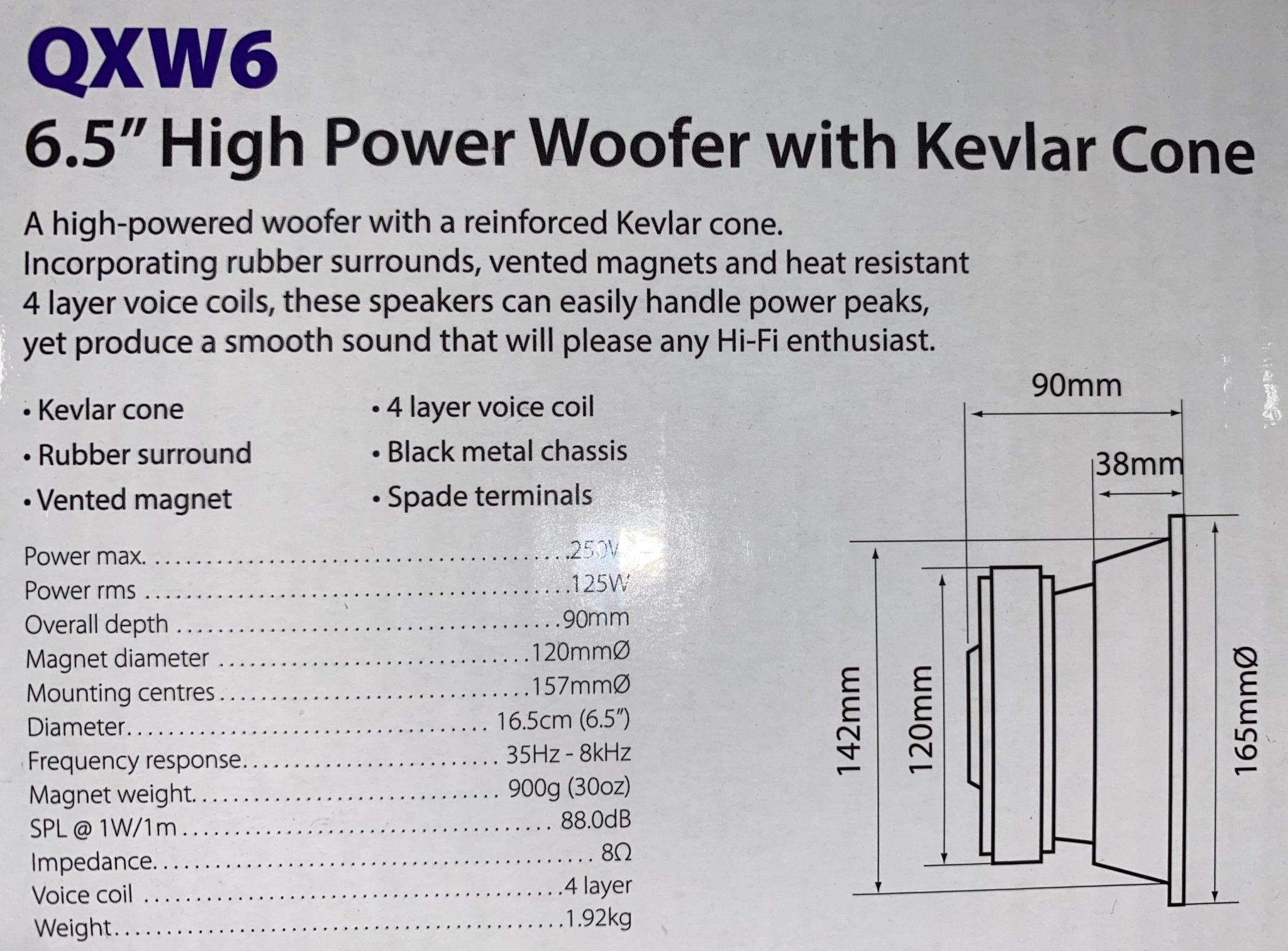 Baselement woofer 6,5 250W ventilerad magnet – QTX – produktvy från sidan | QTX