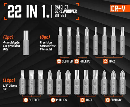 Spärrskruvmejselsats 22 - i - 1 – Precisionsverktyg med Multi - bits för Slitsade, Philips, Torx & Pozidriv - Carlevel - 