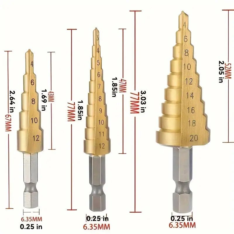 Stegborrar med Titanbeläggning –Set med 3 HSS - borrar för Trä och Metall, Hög Precision - Carlevel - 